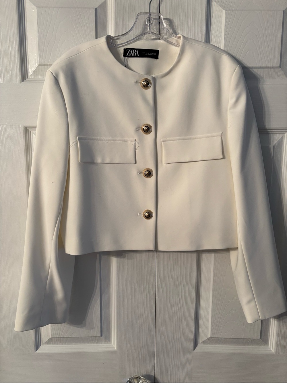 Zara White Cropped Button Blazer with Gold Buttons